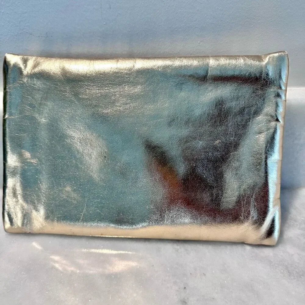 Ipsy Gold Metallic Two Zippered Pocket Cosmetic Makeup Bag with Orange Trim